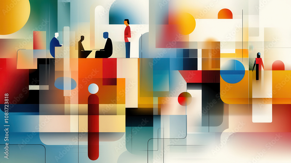 Poster vibrant abstract illustration featuring human figures interacting in colorful geometric landscape. c