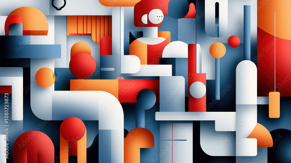 Poster abstract geometric shapes in vibrant colors create dynamic composition. artwork features blend of cu