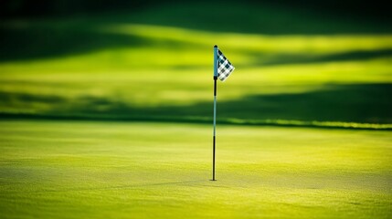 Obraz premium A golf course's flagstick shadow, outdoor setting with green backdrop, Tranquil style