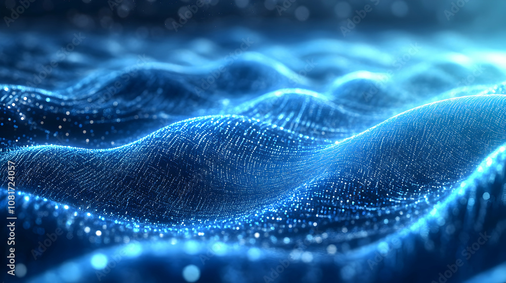 Poster abstract 3d digital wave background: glowing blue particles flowing dynamically in a seamless patter