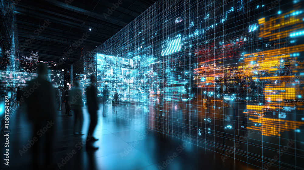 Poster futuristic digital art depicting bustling technological environment with glowing data visualizations