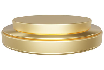 Gold pedestal display platform with tiered modern podium stand. Empty Exhibition stage background or empty product shelves.
