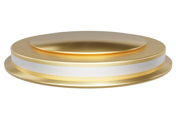 Gold and white pedestal display platform with tiered modern podium stand. Empty Exhibition stage background or empty product shelves.