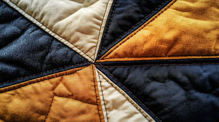 Naklejka premium Close-up View of a Quilted Fabric with Beige, Brown, and Dark Blue Triangular Patches