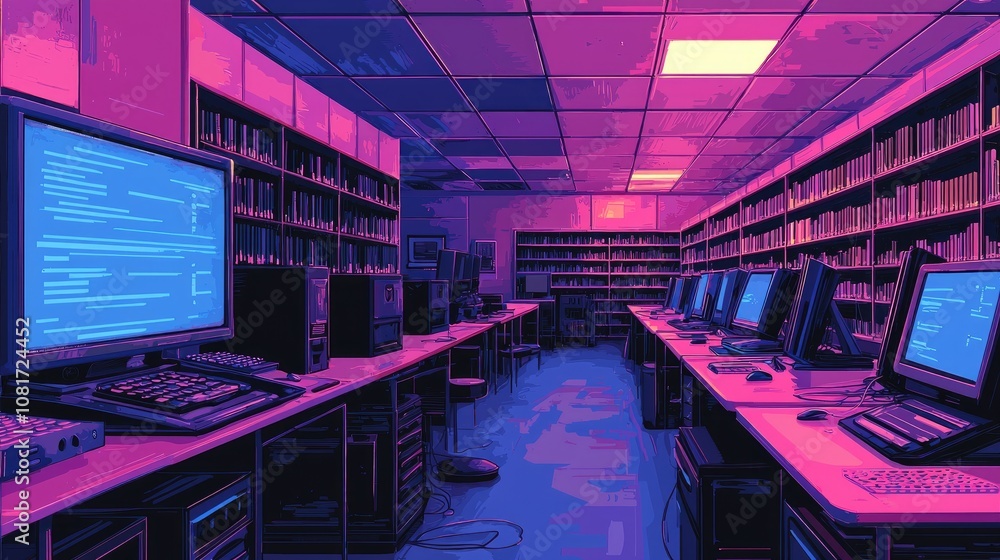 Poster retrofuturistic computer lab with rows of computers and bookshelves.