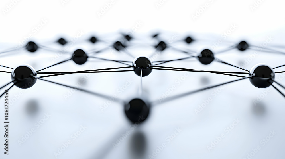 Poster abstract 3d rendering of interconnected black spheres forming a network structure on a white backgro