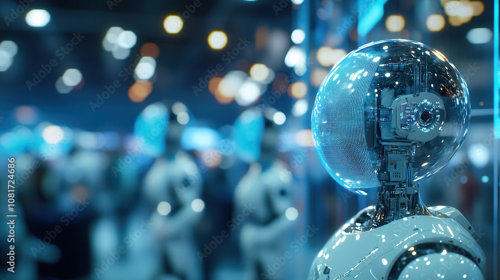 Poster futuristic robot with transparent head and digital features in busy tech environment, showcasing adv