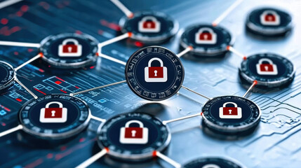 Secure digital network with interconnected locks symbolizing cybersecurity. This represents importance of protecting data and systems from cyber threats and attacks