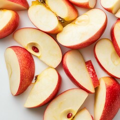 Fresh apple slices, vibrant red skin, white isolated background
