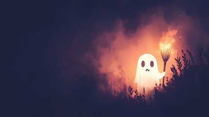 Cute Halloween Ghost with Broomstick