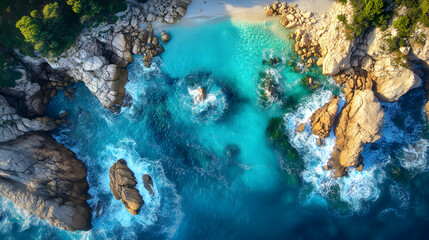 Aerial View of Turquoise Ocean Waves Crashing Against Rocky Coastline