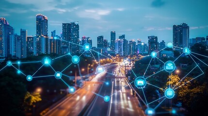 Focus Optimization Planning, Futuristic City Skyline at Night with Glowing Digital Connectivity Network