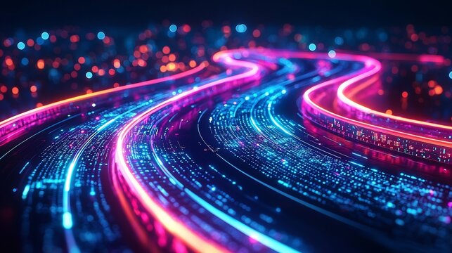 Focus Optimization Planning, Futuristic Digital Roadmap with Neon-Lit Nodes and Vibrant Optimization Paths