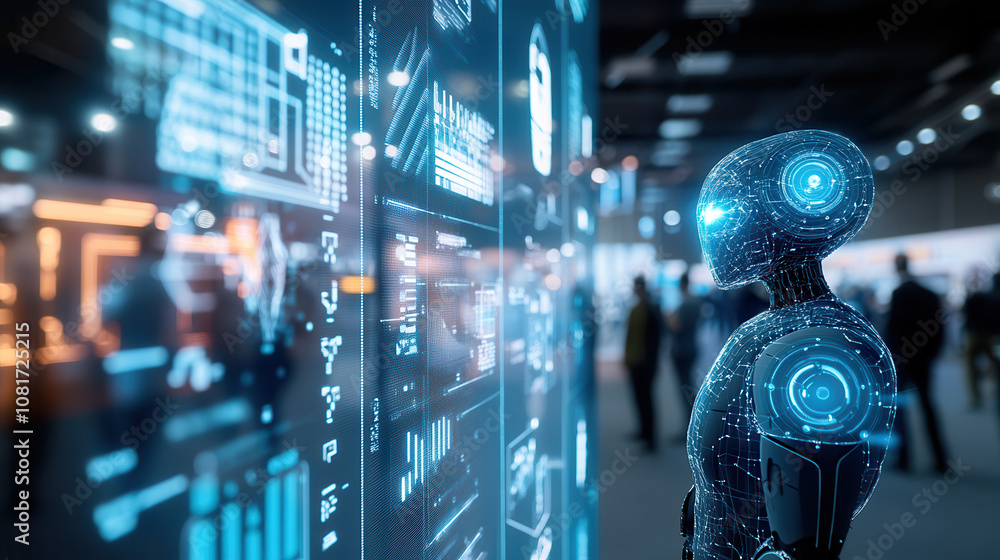 Poster futuristic robot interacting with digital interface in technology exhibition, showcasing advanced ai