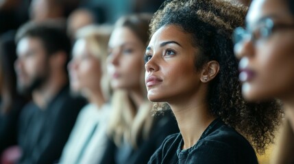 Obraz premium A diverse group of attendees listens attentively during a conference session in a modern venue, engaged in meaningful discussions