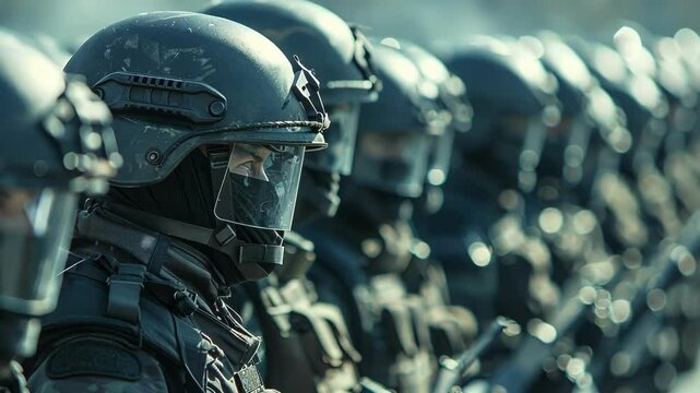 Soldiers in bulletproof vests and helmets stand in a row, showcasing strength and unity. Ready for danger, they embody courage and patriotism