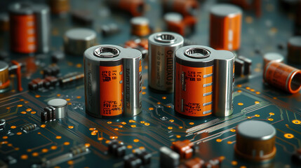 Macro shot of electronic components on circuit board, featuring metallic capacitors and intricate details. vibrant colors and textures create captivating visual experience