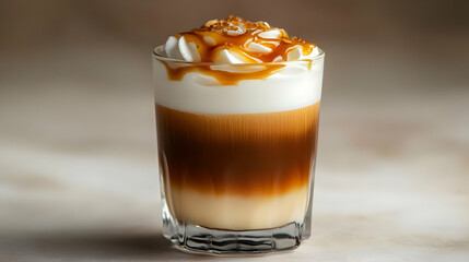 Layered Coffee Drink with Caramel and Whipped Cream in Glass