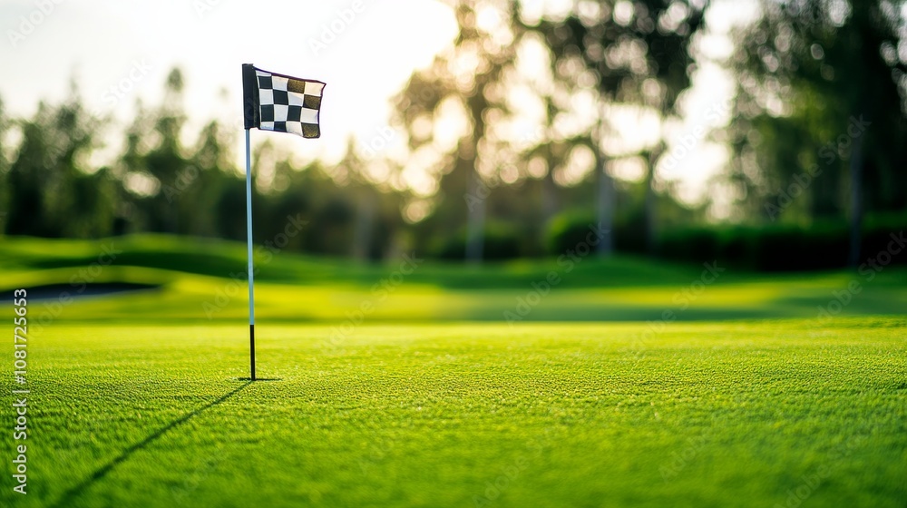 Poster a golf course's flagstick with flag blowing in breeze, green grass and trees in background, elegant 