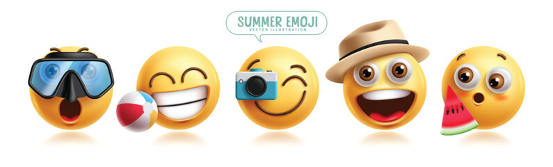 Summer emoji characters vector set. Emojis clip art in beach traveler, diving, snorkeling, tourist, adventure and swimming character collection. Vector illustration summer emoticons set. 
