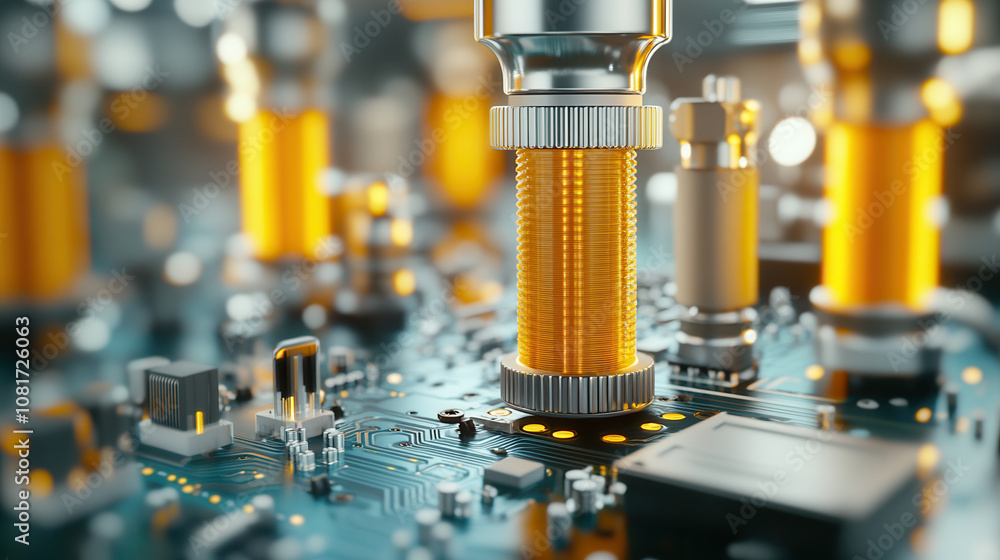 Poster high detail macro shot of circuit board with metallic components and vibrant orange elements, showca