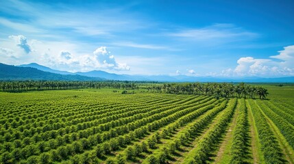 Aerial view of lush green fields under a clear blue sky with distant mountains.