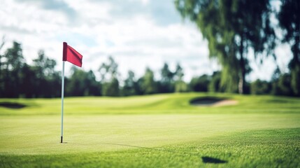 Obraz premium A golf course's flagstick with flag blowing in breeze, green grass and trees in background, Elegant style
