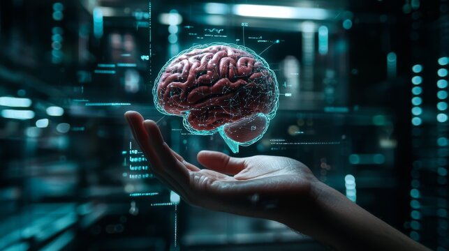 A hand holds a glowing digital brain in a futuristic lab illuminated by screens and holographic displays at night
