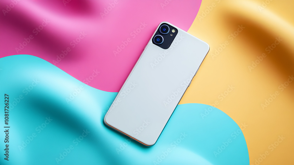 Poster a white smartphone on a colorful background. this is a template you can use to add your own designs 