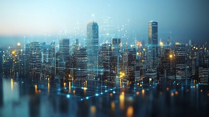 Fototapeta premium Focus Optimization Planning, Futuristic Urban Skyline with Digital Transformation Roadmap and Vibrant Lighting