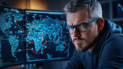 focused man analyzes data on multiple screens, showcasing cybersecurity breach. high tech environment highlights urgency of situation