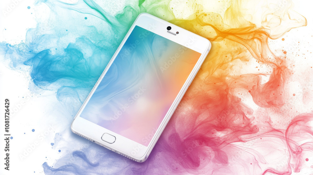 Poster a white smartphone on a colorful background. this is a template you can use to add your own designs 