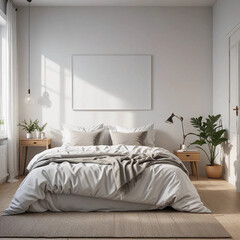 Scandinavian Bedroom with Blank Wall Above Bed