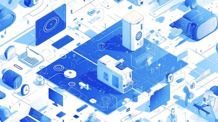 Fototapeta premium Isometric illustration of various electronic devices and gadgets connected by blue lines.