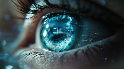 Close-up of a human eye with a digital overlay highlighting futuristic technology and data imagery, showcasing innovation and vision