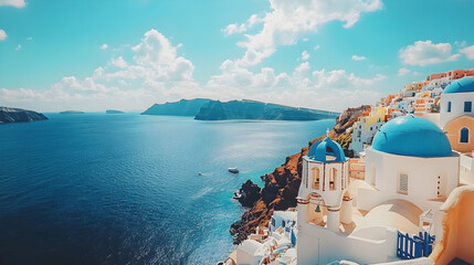 Naklejka premium Coastal Village with Vibrant Blue Domes Basking Under a Sunny Sky, Picturesque Mediterranean Sea View