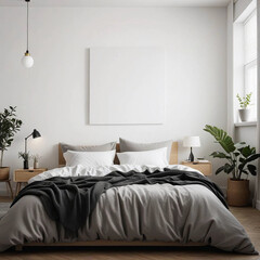 Scandinavian Bedroom with Blank Wall Above Bed