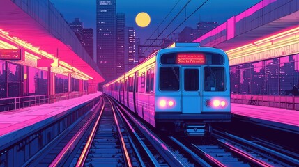 Naklejka premium Retrofuturistic train arriving at night station with neon lights.