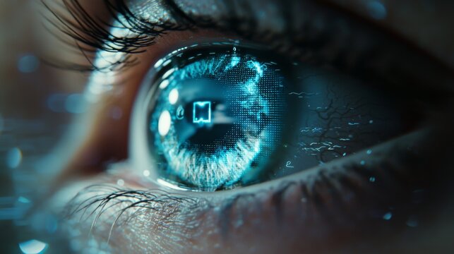 Close-up of a human eye with a digital overlay highlighting futuristic technology and data imagery, showcasing innovation and vision