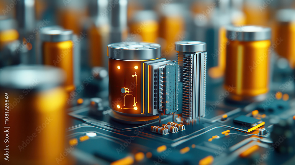 Poster macro shot of futuristic circuit board with glowing components, showcasing intricate details and vib