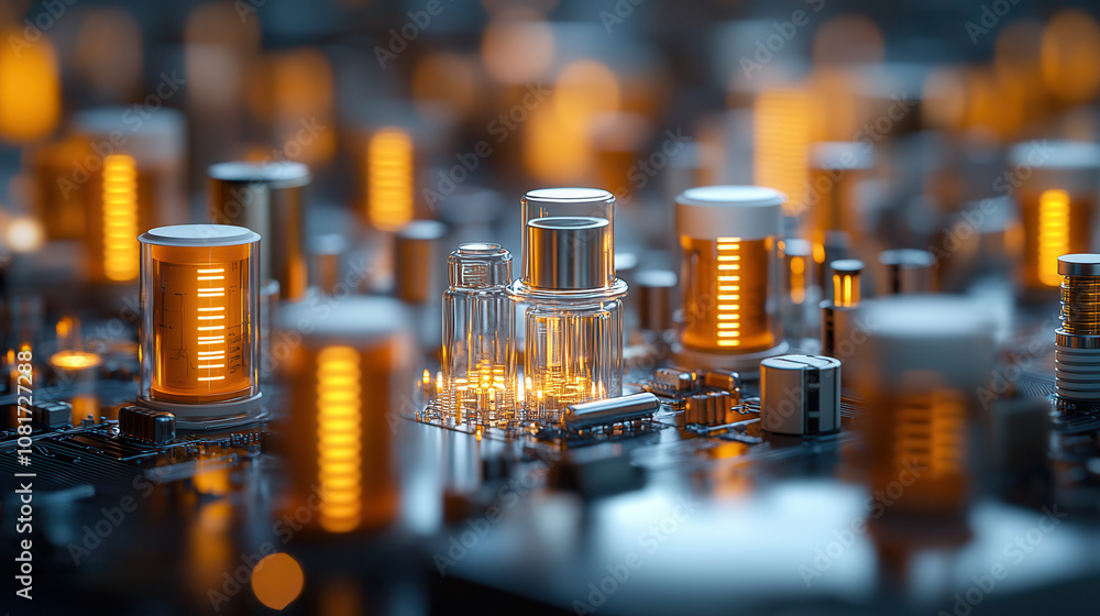 Poster macro shot of futuristic circuit board with glowing components, showcasing intricate details and vib