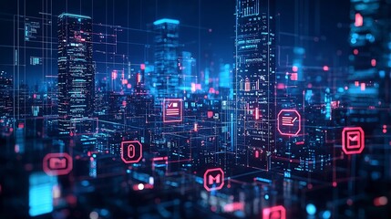 Blueprint Streamline Tasks, Futuristic Cityscape with Digital Blueprint Overlay and Embedded Task Icons
