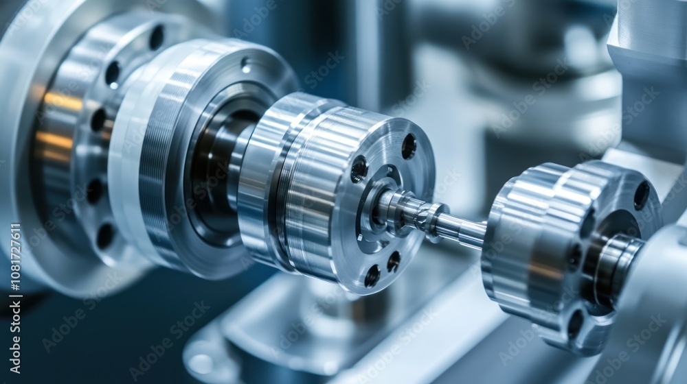 Aufkleber close-up of a precision mechanical component in a manufacturing setup.
