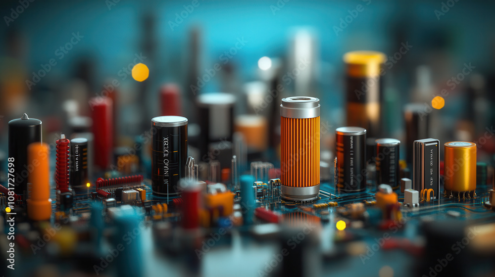 Poster macro shot of colorful circuit board featuring various electronic components like capacitors and res