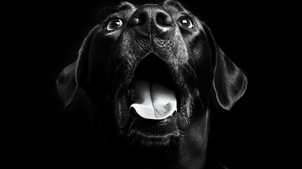 Black Labrador Dog Panting, Close-up Monochrome Photography,  Studio Shot, Dark Background, Expressive Canine