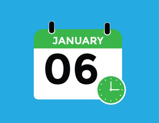 January 6 Calendar Day or Calender Date for Deadlines or Appointment. calendar date icon on white background.
