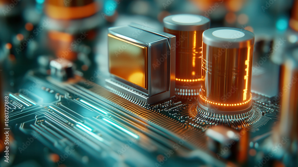 Aufkleber macro shot of circuit board featuring metallic components and glowing elements, showcasing intricate