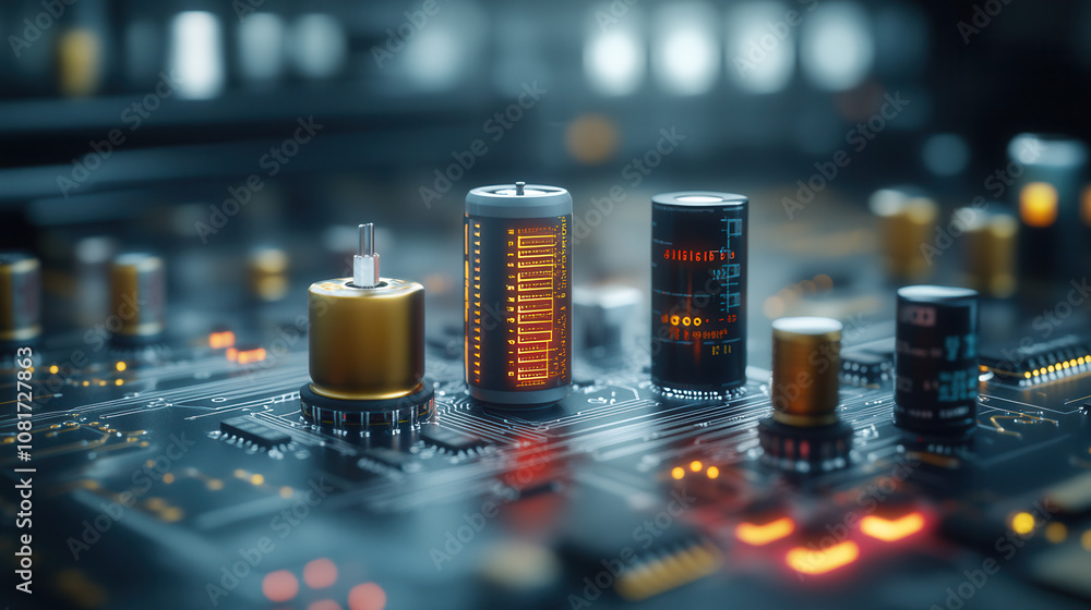 Poster macro shot of electronic components on circuit board, showcasing intricate details and vibrant color