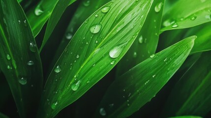 Naklejka premium Nature closeup of water droplets on vibrant leaves lush garden macro photography natural environment ground level freshness