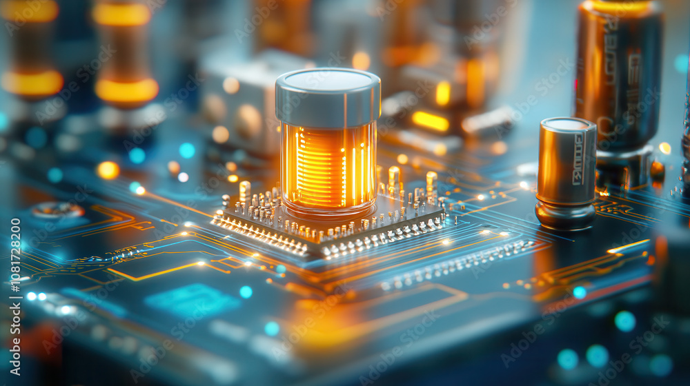 Poster macro shot of glowing circuit board with intricate details, showcasing central component illuminated